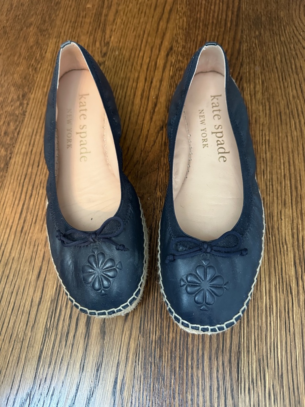 kate spade navy leather espadrille flats with floral embossing